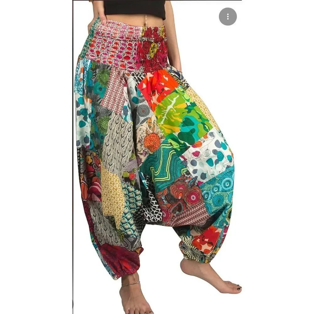 Tribe Azure Patchwork Harem Jumpsuit Pants L/XL Fair Trade Boho Festival Romper